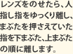 コンタクトレンズをのせたら、人指し指をゆっくり離し、まぶたを押さえていた指を下まぶた、上まぶたの順に離します。