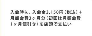入会時に、入会金3,150円(税込)+月額会費3ヶ月分(初回は月額会費1ヶ月値引き)を店頭で支払い