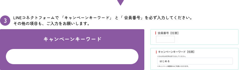 LINEコネクトフォームで「キャンペーンキーワード」と「会員番号」を必ず入力してください。その他の項目も、ご入力をお願いします。