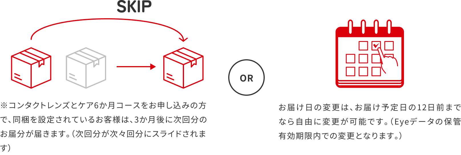 ※コンタクトレンズとケア6か月コースをお申し込みの方で、同梱を設定されているお客様は、3か月後に次回分のお届分が届きます。（次回分が次々回分にスライドされます） お届け日の変更は、お届け予定日の12日前までなら自由に変更が可能です。（Eyeデータの保管有効期限内での変更となります。）