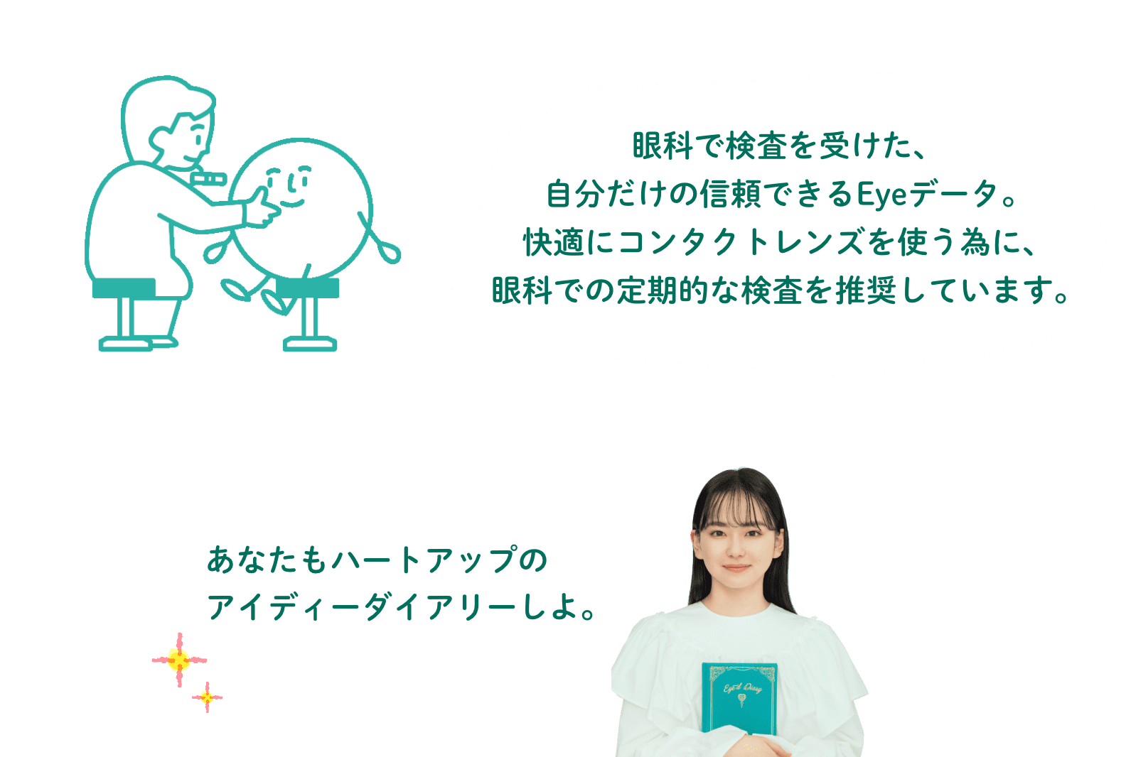 眼科で検査を受けた、自分だけの信頼できるEyeデータ。快適にコンタクトレンズを使う為に、眼科での定期的な検査を推奨しています。